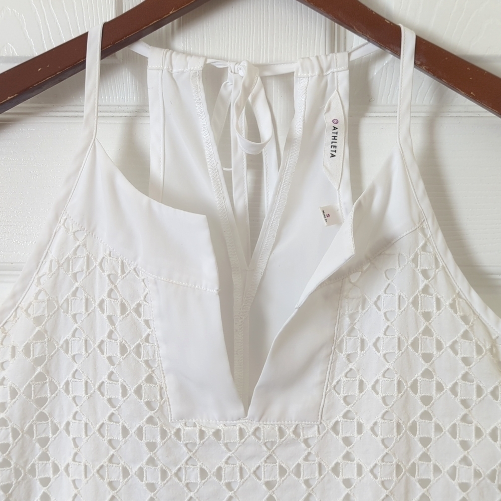 Athleta Eyelet Dunes Relaxed Embroidered Split Neck Tassel Tied Tank Top White S - Picture 2 of 11